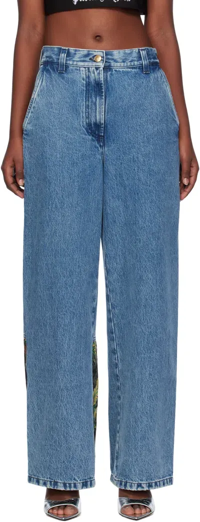 Palm Angels Baggy Jeans Jungle Insert In Blue