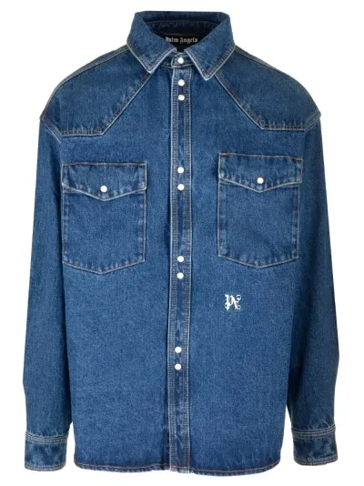 Palm Angels Blue Denim Overshirt In Lightblue