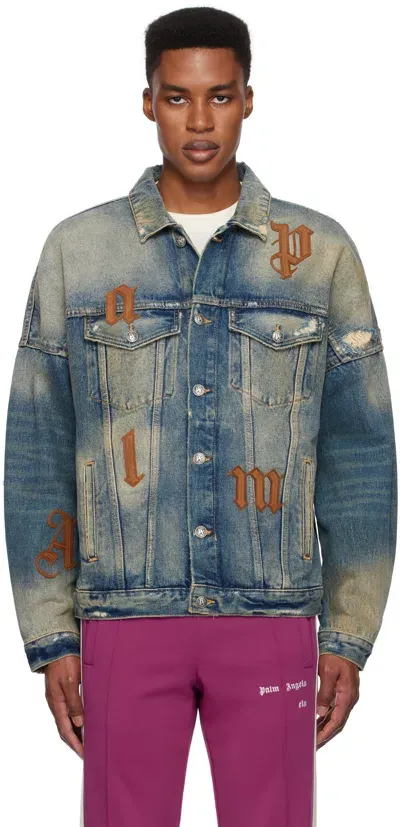 Palm Angels Blue Oversize Logo Patches Denim Jacket In Blue Golden Brow