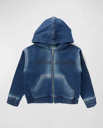 Palm Angels Kids' Boy's Logo-print Denim Wash Track Jacket In Blue