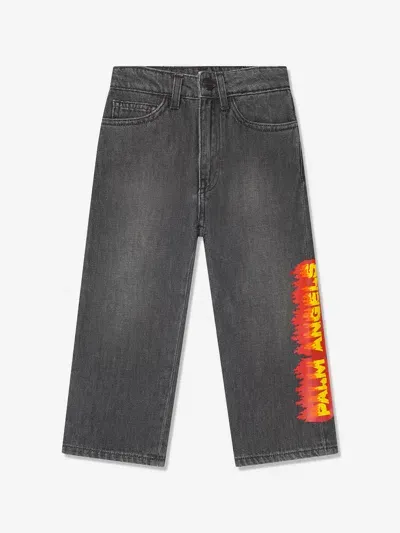 Palm Angels Kids' Boy's Flames Logo-print Medium Wash Jeans In Black Red