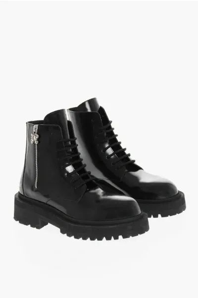 Palm Angels Brushed Leather Combat Boots With Logo Print In Black