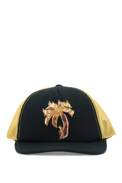 Palm Angels Burning Palm Trucker Hat In Black Gold (black)