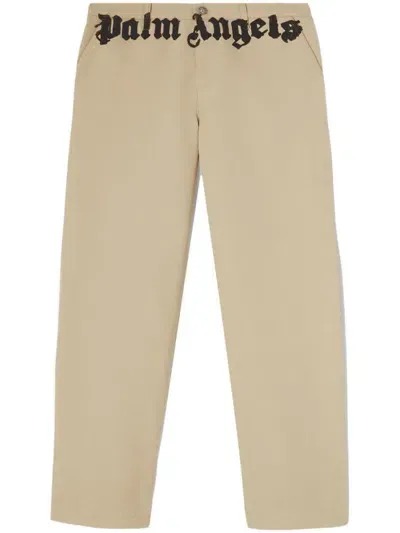 Palm Angels Logo-print Cotton Chinos In Brown