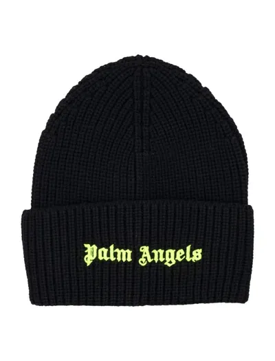 Palm Angels Classic Ribbed Beanie In Black Yellow Fluo