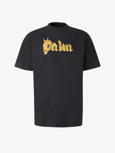 Palm Angels Cotton Logo T-shirt In Black,gold