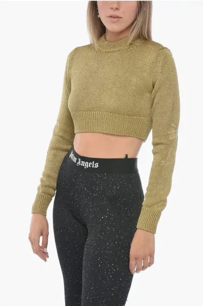 Palm Angels Crew Neck Crop Lurex Sweater With Ton Sur Ton Embroideries