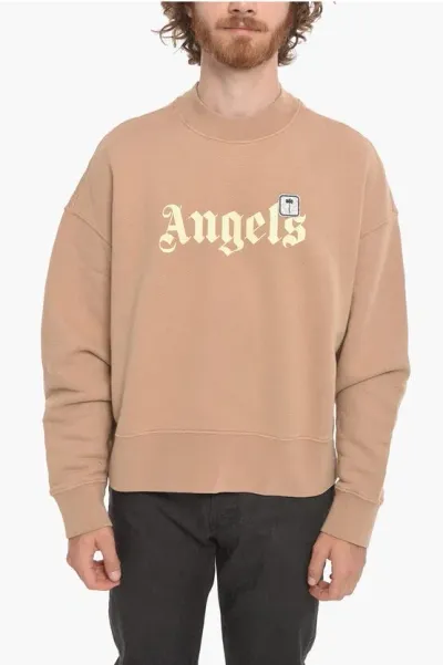 Palm Angels Crew Neck Pxp Palm Brushed Cotton Sweatshirt In Neutral