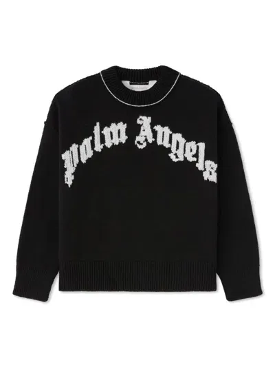 Palm Angels Kids' Curved Logo Long-sleeve Jumper In Black