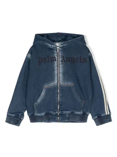 Palm Angels Kids' Denim Track Jacket In Blue