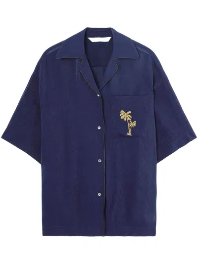 Palm Angels Embroidered Bowling Shirt In Blue