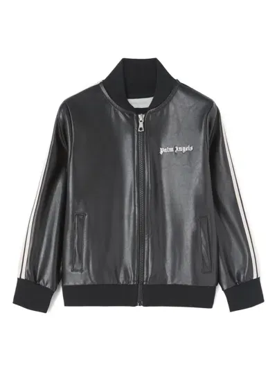 Palm Angels Kids' Faux-leather Track Jacket In Black/off White