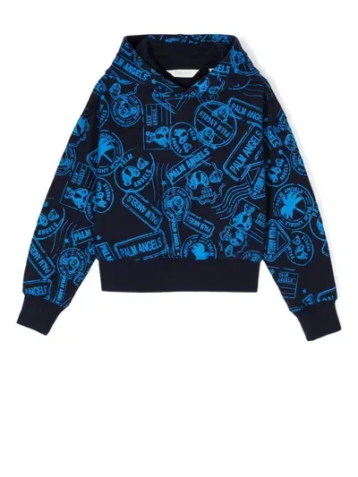 Palm Angels Kids' Little Boy's & Boy's Stamps Print Hoodie In Navy Blue Light Blue