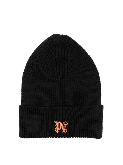 Palm Angels Pa-monogram Beanie Hat In Black