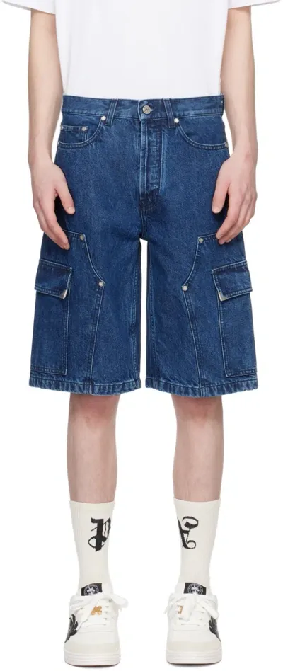 Palm Angels Indigo Monogram Workwear Denim Shorts In Indigo Blu