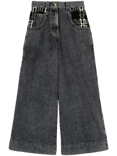 Palm Angels Monogram-pattern Wide-leg Jeans In Grey