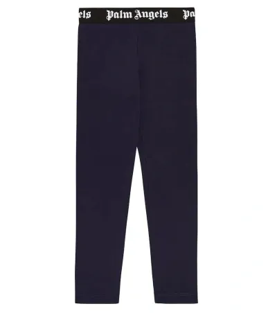 Palm Angels Kids' Logo Cotton-blend Leggings In Blue