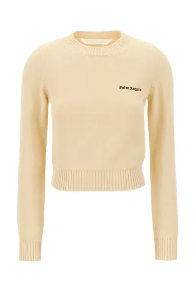 Palm Angels Logo Embroidered Crewneck Knitted Jumper In Beige