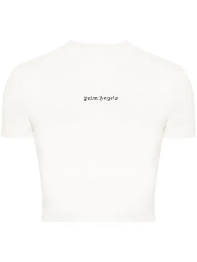 Palm Angels Logo-embroidered Cropped T-shirt In Off White Black