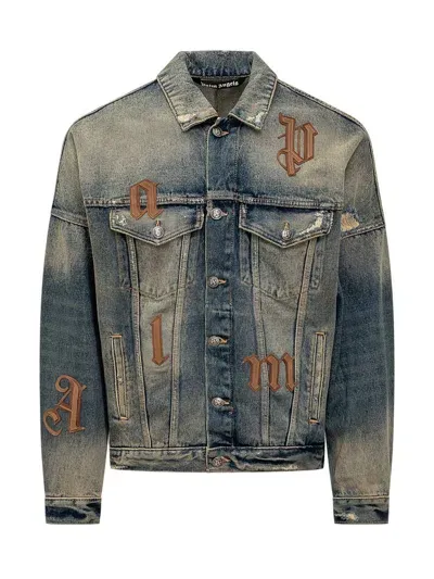 Palm Angels Logo Patch Distressed Denim Jacket In Blue