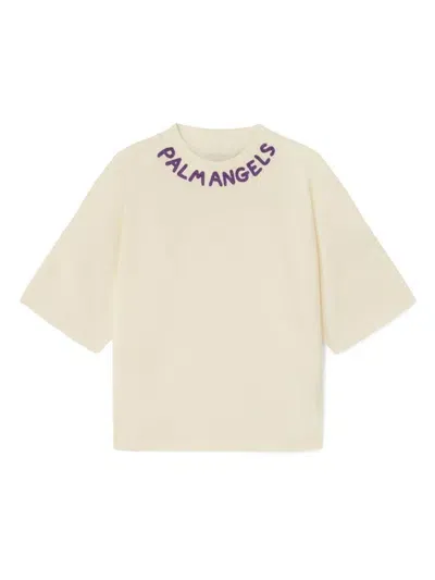 Palm Angels Kids' Logo-print Cotton T-shirt In Neutrals