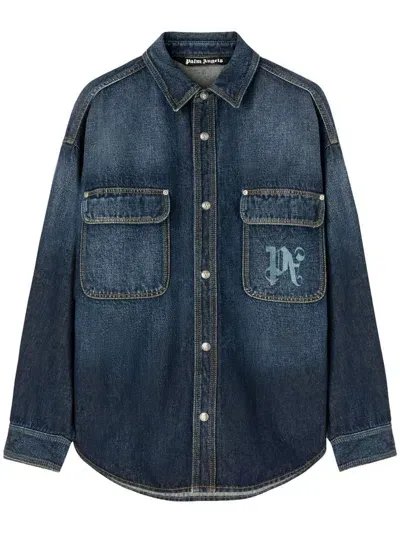 Palm Angels Logo-print Denim Shirt In Blue