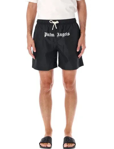 Palm Angels Logo Printed Drawstring Swim Shorts In Black