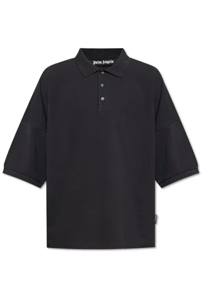 Palm Angels Logo Printed Drop Shoulder Polo Shirt In Black