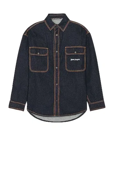 Palm Angels Logo Wash Denim Shirt In Navy Blue White