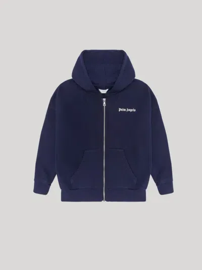 Palm Angels Logo Zip Hoodie In Blue