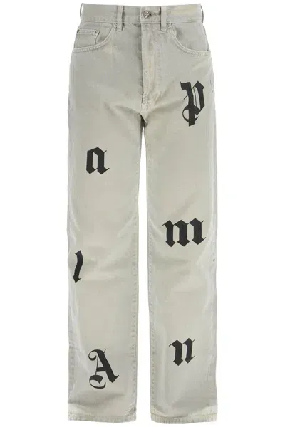 Palm Angels Loose Printed Detail Jeans With Eight In Gray