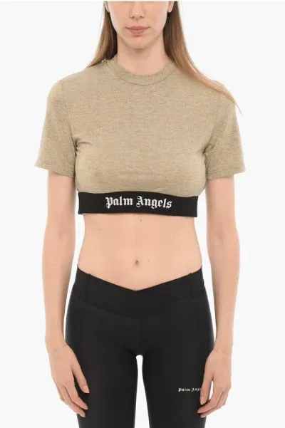 Palm Angels Lurex Crop T-shirt With Logoed Band In Green