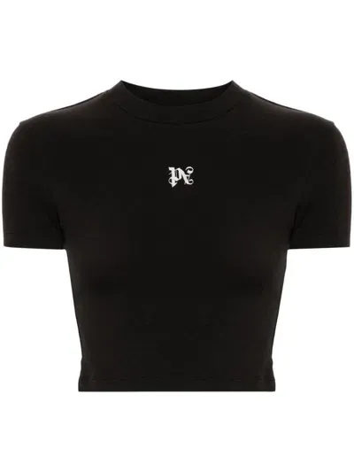 Palm Angels Monogram Cropped T-shirt In Black  