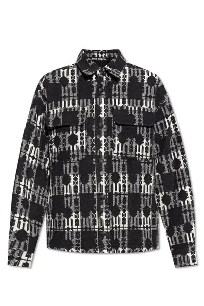 Palm Angels Monogram Pattern Drop Shoulder Shirt In Black And White