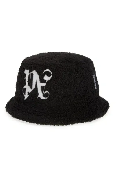 Palm Angels Pa Monogram Embroidered Faux Fur Bucket Hat In Black