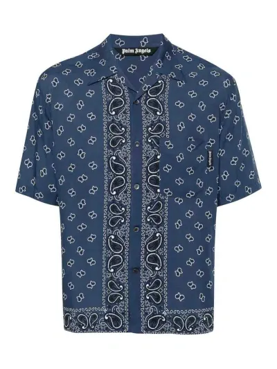 Palm Angels Paisley-print Bowling Shirt In Navy Blue Navy Blue