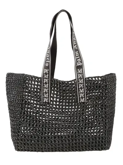 Palm Angels Logo-strap Raffia Tote Bag In Black