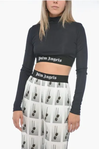 Palm Angels Ribbed Fabric Logo Tape Crop Top In Gray