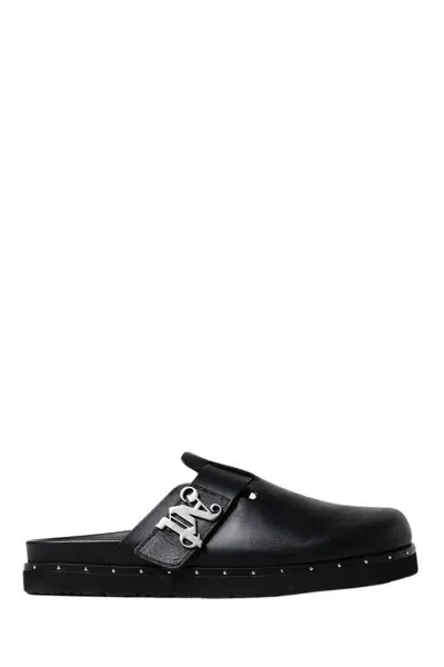 Palm Angels Mens Black Studded Branded-hardware Leather Mules