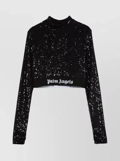 Palm Angels Sequined Logo Cropped Top In Black