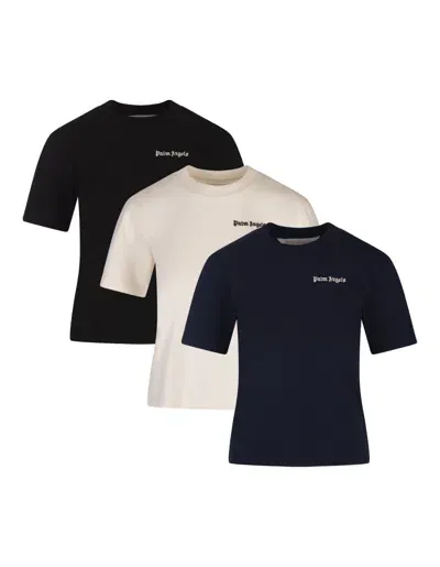 Palm Angels Set Of 3 T-shirts With Embroidered Logo In Multicolour