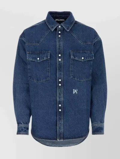 Palm Angels Logo-embroidered Denim Shirt In Blue