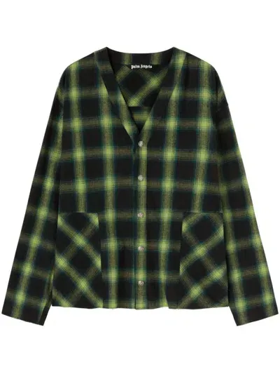 Palm Angels V-neck Check-pattern Cotton Shirt In Green