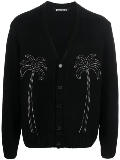 Palm Angels Studded V-neck Cardigan In Black  