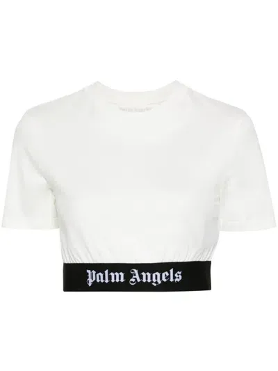 Palm Angels T-shirt Crop Con Banda Logo In Off White/black