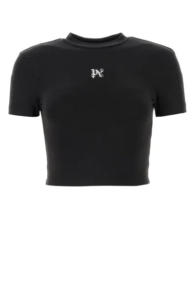 Palm Angels Monogram-embroidered Cropped T-shirt In Black