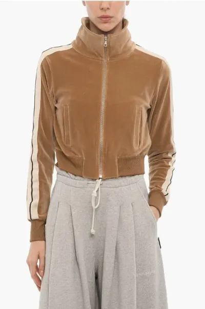 Palm Angels Velvet Sweatshirt With Zip Closure In Neutral