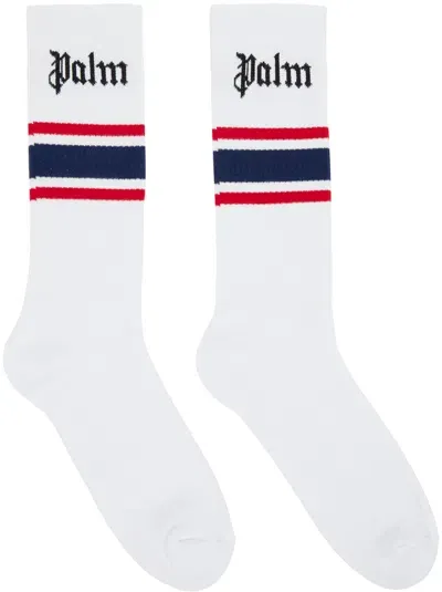 Palm Angels White Classic Logo Striped Socks In White Navy Bl