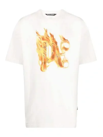 Palm Angels White Logo Print T-shirt In Bianco