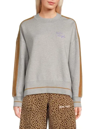 Palm Angels Embroidered Crewneck Sweater With Teddy Contrasting Bands In Melange Grey